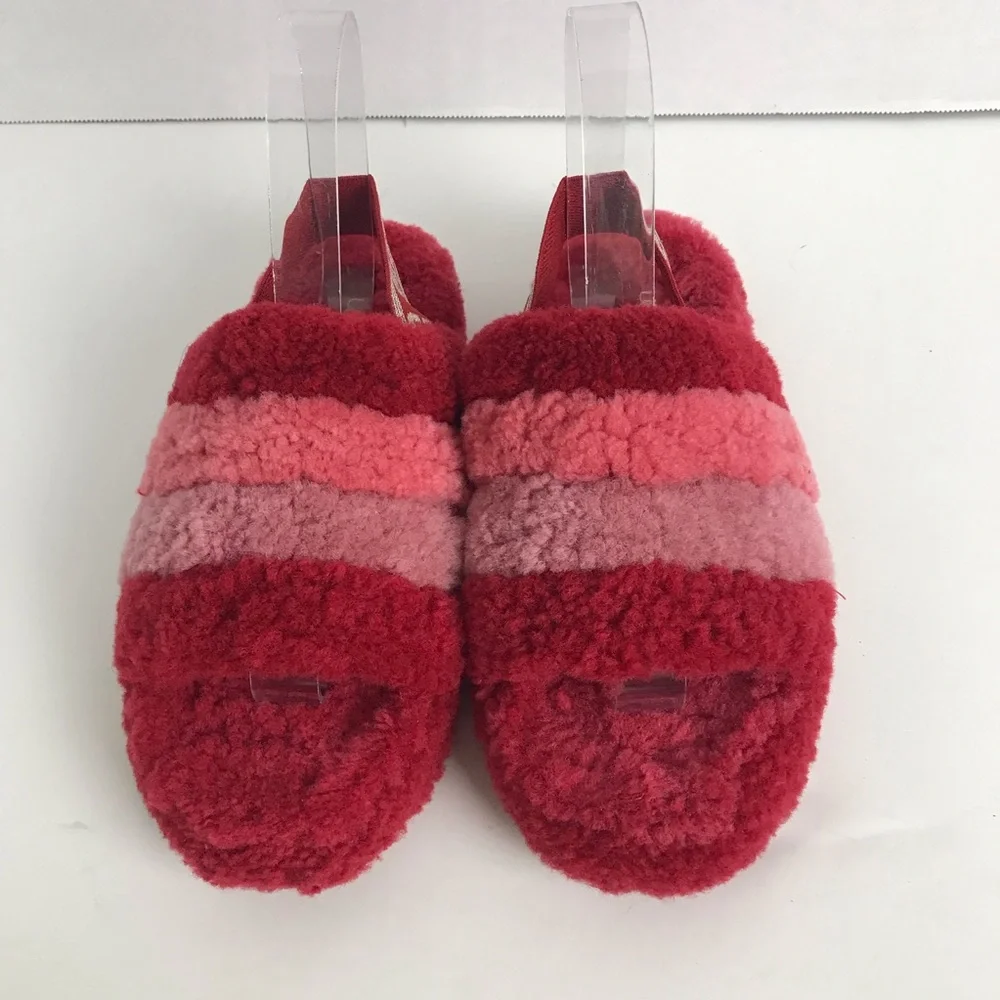 Ugg Fluff Yeah Red Pink Striped Slingback Slippers Girls Size 4 Loungewear Comfy